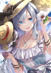 Rule 34 | 1girl, akatsuki hijiri, anastasia (fate), anastasia (swimsuit archer) (fate), anastasia (swimsuit archer) (first ascension) (fate), bare shoulders, black bow, blue dress, blue eyes, blue sky, bow, bracelet, breasts, cleavage, cloud, collarbone, dress, eyes visible through hair, fate/grand order, fate (series), flower, frilled dress, frills, hair over one eye, hat, hat bow, hibiscus, highres, holding, holding flower, jewelry, long hair, looking at viewer, medium breasts, necklace, open mouth, pendant, signature, silver hair, sky, star (symbol), straw hat, two-tone dress, upper body, viy (fate), white bow, white dress