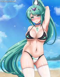 Rule 34 | 1girl, arm behind head, armpits, beach, bikini, black bikini, blush, breasts, breasts apart, chest jewel, cleavage, closed mouth, cloud, commission, cowboy shot, day, embarrassed, female focus, gem, green eyes, green hair, hair ornament, headpiece, highres, jewelry, large breasts, lens flare, long hair, looking at viewer, mountain, navel, nervous, nintendo, ocean, outdoors, patdarux, pneuma (xenoblade), ponytail, sand, shiny skin, shy, skindentation, sky, smile, solo, swept bangs, swimsuit, thighhighs, thighs, tiara, very long hair, water, white thighhighs, xenoblade chronicles (series), xenoblade chronicles 2