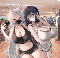 Rule 34 | 2girls, absurdres, bbolalus, black hair, blue eyes, breasts, cleavage, covered mouth, glasses, gym, gym shorts, highres, large breasts, mask, mouth mask, multiple girls, navel, one eye closed, original, red eyes, selfie, shorts, sports bra, sportswear, thick thighs, thigh gap, thighs, v, white hair