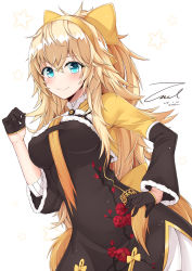 Rule 34 | 1girl, black gloves, blonde hair, blush, bow, breasts, china dress, chinese clothes, closed mouth, dated, dress, girls&#039; frontline, gloves, green eyes, hair between eyes, hair bow, hairband, half gloves, hand on own hip, large breasts, long hair, long sleeves, looking at viewer, messy hair, official alternate costume, s.a.t.8 (girls&#039; frontline), s.a.t.8 (wintersweet) (girls&#039; frontline), side slit, sidelocks, signature, simple background, skirt, smile, solo, star (symbol), twitter username, unel1211, very long hair, white background, yellow bow, yellow hairband