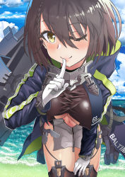 Rule 34 | 1girl, ;), ahoge, azur lane, baltimore (azur lane), black shirt, black thighhighs, blue coat, blue sky, blush, braid, breasts, brown hair, center opening, character name, closed mouth, clothes writing, clothing cutout, cloud, coat, commentary, covered erect nipples, cowboy shot, day, dress, foreshortening, french braid, garter straps, gloves, hair between eyes, hand on own thigh, hand up, highres, hood, hood down, hooded coat, index finger raised, large breasts, leaning forward, looking at viewer, multicolored coat, navel, ocean, one eye closed, outdoors, pelvic curtain, rigging, rundymentos, shiny clothes, shirt, short hair, side slit, sidelocks, skindentation, sky, smile, solo, standing, stomach, stomach cutout, taut clothes, taut shirt, thighhighs, underboob, underboob cutout, white dress, white gloves, yellow eyes, zipper, zipper pull tab