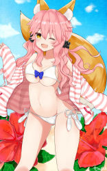 Rule 34 | 10s, 1girl, animal ears, bikini, blush, breasts, cleavage, fang, fate/extra, fate (series), flower, fox ears, fox tail, hibiscus, highres, jacket, long hair, looking at viewer, navel, official alternate costume, one eye closed, open mouth, pink hair, smile, solo, standing, swimsuit, tail, tamamo no mae (fate/extra), tamamo no mae (sexy bikini) (fate), tamamo no mae (spring casual) (fate), tapi (tapiest), underboob, yellow eyes