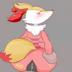 Rule 34 | 1boy, 1girl, animal ears, artist request, ass, bad anatomy, blush, bow, braixen, clitoris, disembodied hand, floral print, fox ears, fox tail, from behind, furry, gen 6 pokemon, grey background, half-closed eyes, japanese clothes, kimono, leaning forward, long sleeves, looking away, looking back, looking to the side, obi, pokemon, pokemon (creature), pokemon xy, pussy, pussy juice, red bow, red eyes, sash, simple background, smile, standing, tail, trembling, uncensored