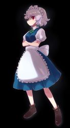 Rule 34 | 1girl, apron, asutoro (s--t), back bow, black background, black footwear, blue dress, bow, bowtie, braid, closed mouth, collared shirt, commentary, crossed arms, dress, full body, green bow, green bowtie, green ribbon, hair ribbon, highres, izayoi sakuya, light frown, looking at viewer, maid, maid headdress, medium dress, puffy short sleeves, puffy sleeves, red eyes, ribbon, shirt, shoes, short hair, short sleeves, side braid, silver hair, simple background, solo, standing, touhou, twin braids, waist apron, white apron, white bow, wing collar