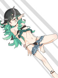 Rule 34 | 1girl, nanashi inc., belt bra, black hair, black legwear, blue hair, blue shorts, blush, camisole, closed mouth, clothes pull, commentary request, crop top, demon girl, demon horns, flat chest, full body, green camisole, highres, horns, long hair, looking at viewer, multicolored hair, pointy ears, red eyes, shishio chris, short shorts, shorts, shorts pull, solo, sugar lyric, tomatojam, two-tone hair, virtual youtuber, white background, wristband