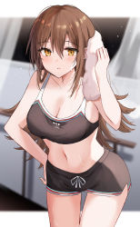 Rule 34 | 1girl, bare arms, bare shoulders, black shorts, black sports bra, blush, breasts, brown hair, cleavage, collarbone, commentary request, cowboy shot, gym shorts, gym uniform, highres, kinona, large breasts, long hair, original, parted lips, short shorts, shorts, solo, sports bra, sweat, thighs, towel, yellow eyes