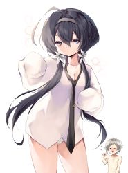 Rule 34 | 1boy, 1girl, absurdres, ahoge, arm up, black hair, black neckwear, blue eyes, borrowed clothes, breasts, bungou stray dogs, chachong sama, character request, cleavage, dress shirt, hairband, highres, izumi kyouka (bungou stray dogs), long hair, low twintails, nakajima atsushi (bungou stray dogs), necktie, no pants, panties, pointing, pointing at self, shirt, short hair, silver hair, simple background, sleeves past wrists, thighs, topless, twintails, underwear, white background, white panties, white shirt
