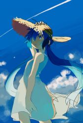 Rule 34 | 1girl, :o, alternate costume, arm up, bare shoulders, blue eyes, blue hair, blue sky, cloud, commentary request, contrail, day, dress, feet out of frame, floating hair, from behind, from below, fukomo, hair over one eye, hand on headwear, hat, highres, long hair, looking ahead, looking to the side, low twintails, open mouth, otomachi una, outdoors, sketch, sky, sleeveless, sleeveless dress, solo, standing, straw hat, sundress, twintails, vocaloid, white dress, wind
