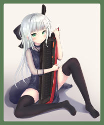 Rule 34 | 1girl, :&lt;, black bow, black ribbon, black thighhighs, blush, bottomless, bow, choker, closed mouth, dress, feet, green eyes, hair bow, hands up, highres, holding, instrument, legs, long hair, looking at viewer, hugging object, original, over-kneehighs, parufeito, ribbon, sidelocks, simple background, solo, spread legs, thighhighs, thighs, white background, white hair