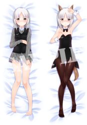 Rule 34 | 10s, 1girl, animal ears, armpits, arms up, barefoot, bed sheet, blush, bow, bowtie, brave witches, brown eyes, coattails, dakimakura (medium), detached collar, edytha rossmann, fox ears, fox tail, from above, leotard, looking at viewer, lying, medal, military, military uniform, multiple views, nontraditional playboy bunny, okina ika, on back, panties, pantyhose, playboy bunny, sample watermark, short hair, silver hair, strike witches, tail, underwear, uniform, watermark, world witches series, wrist cuffs