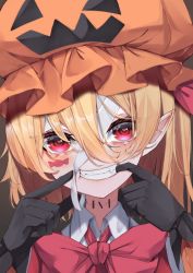 Rule 34 | 1girl, absurdres, black gloves, blonde hair, fang, fangs, flandre scarlet, gloves, grin, hair between eyes, halloween, halloween costume, hat, highres, long hair, looking at viewer, mob cap, mouth pull, one side up, orange hat, pointy ears, portrait, red eyes, smile, solo, stitched neck, stitches, touhou, tsune (tune)