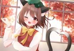 Rule 34 | 1girl, ;d, animal ear fluff, animal ears, backlighting, blurry, blurry background, bow, bowtie, breasts, brown eyes, brown hair, cat ears, cat tail, chen, earrings, fang, fingernails, hands up, hat, heart, heart tail, highres, indoors, jewelry, long sleeves, looking at viewer, mob cap, momo3pengin, multiple tails, nekomata, one eye closed, open mouth, paw pose, red vest, single earring, skin fang, small breasts, smile, solo, tail, touhou, tree, two tails, v-shaped eyebrows, vest, window, yellow bow, yellow bowtie