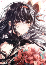 Rule 34 | 1girl, absurdres, akemi homura, akuma homura, bare shoulders, black hair, blush, choker, closed mouth, commentary request, floating hair, flower, hair between eyes, hair ribbon, hairband, highres, holding, long hair, looking at viewer, mahou shoujo madoka magica, misteor, petals, purple eyes, red flower, red ribbon, red rose, ribbon, rose, simple background, smile, solo, upper body, white background