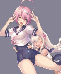 Rule 34 | 10s, 2girls, :d, ^ ^, ahoge, bare shoulders, blonde hair, blush, closed eyes, covered navel, double w, flower, hair flower, hair ornament, i-58 (kancolle), kantai collection, long hair, multiple girls, neckerchief, one-piece swimsuit, one eye closed, open mouth, oukawa yuu, pink eyes, pink hair, ro-500 (kancolle), sailor collar, school swimsuit, school uniform, serafuku, short hair, simple background, smile, swimsuit, swimsuit under clothes, tan, tears, w, wince