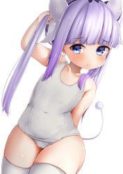 Rule 34 | 1girl, absurdres, arm up, blue eyes, cameltoe, collarbone, commentary request, covered navel, cowboy shot, highres, holding, holding own hair, horns, kanna kamui, kobayashi-san chi no maidragon, long hair, one-piece swimsuit, ribbon, school swimsuit, silver hair, solo, swimsuit, tail, teii (teii0205), thighhighs, thighs, upper body, white one-piece swimsuit, white school swimsuit, white thighhighs