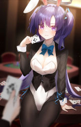 Rule 34 | 1girl, absurdres, alternate costume, animal ears, arm support, black pantyhose, blue archive, blue bow, blurry, blurry foreground, blush, bow, breasts, card, cleavage, detached collar, fake animal ears, halo, highres, holding, holding card, leotard, medium breasts, nail polish, on table, pantyhose, playboy bunny, purple eyes, purple hair, rabbit ears, solo, sweat, syuma, table, twintails, white leotard, wrist cuffs, yuuka (blue archive)
