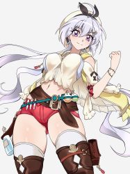Rule 34 | 1girl, absurdres, ahoge, atelier (series), atelier ryza, atelier ryza 1, boots, breasts, clenched hand, contrapposto, cosplay, emmxd325, from below, grey background, hair between eyes, highres, large breasts, light purple hair, long hair, looking at viewer, low twintails, midriff, navel, pouch, purple eyes, reisalin stout, reisalin stout (cosplay), senki zesshou symphogear, short shorts, shorts, simple background, skindentation, smile, solo, split mouth, thigh boots, thigh pouch, thighhighs, thighhighs under boots, thighs, twintails, very long hair, vial, white background, white thighhighs, yukine chris