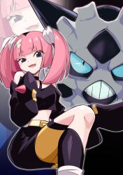 Rule 34 | 1girl, :d, belt, black choker, black shirt, black skirt, blunt bangs, blush, choker, commentary request, creatures (company), eyelashes, fang, game freak, gen 3 pokemon, glalie, grey eyes, hand up, highres, knees, long sleeves, looking at viewer, looking down, nintendo, off-shoulder shirt, off shoulder, open mouth, pink hair, pokemon, pokemon (anime), pokemon (creature), pokemon horizons, coral (pokemon), shirt, skirt, sleeves past fingers, sleeves past wrists, smile, twintails, usoco, yellow belt, zoom layer