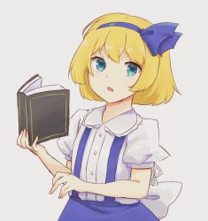Rule 34 | 1girl, alice margatroid, alice margatroid (pc-98), back bow, blonde hair, blue bow, blue eyes, blue hairband, blue skirt, book, bow, collared shirt, frilled shirt, frills, grimoire of alice, hair bow, hairband, holding, holding book, kani no sushi, looking at viewer, open mouth, puffy short sleeves, puffy sleeves, shirt, short hair, short sleeves, skirt, solo, suspender skirt, suspenders, touhou, touhou (pc-98), upper body, waist bow, white bow, white shirt