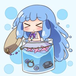 Rule 34 | &gt; &lt;, 10s, 1girl, :&gt;, bare arms, bare shoulders, blue background, blue eyes, blue hair, blush, bow, closed eyes, closed mouth, collared dress, dress, facing viewer, flower, hana kazari, in container, jar, jewelry, long hair, looking at viewer, merc (merc storia), merc storia, pink flower, purple bow, ring, sleeveless, sleeveless dress, solo, very long hair, water, white dress