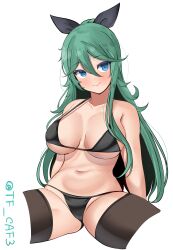 Rule 34 | 1girl, absurdres, bikini, black bikini, black ribbon, black thighhighs, blue eyes, breasts, green hair, hair between eyes, hair ribbon, highres, kantai collection, large breasts, long hair, looking at viewer, parted bangs, ponytail, ribbon, sidelocks, simple background, sitting, smile, solo, spread legs, swimsuit, tf cafe, thighhighs, twitter username, white background, yamakaze (kancolle)