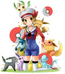 Rule 34 | 1girl, blue overalls, bow, brown eyes, brown hair, cabbie hat, creatures (company), d:, eevee, espeon, flareon, game freak, gen 1 pokemon, gen 2 pokemon, gen 4 pokemon, glaceon, grass, hat, hat bow, highres, iroen, jolteon, leafeon, long hair, lyra (pokemon), nintendo, open mouth, overalls, poke ball, pokemon, pokemon hgss, red bow, red footwear, red shirt, shirt, shoes, thighhighs, transparent background, twintails, umbreon, vaporeon, white headwear, yellow bag