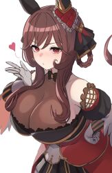 Rule 34 | 1girl, animal ears, blowing kiss, blush, braided hair rings, breasts, cleavage, commentary request, dress, ear covers, ear ornament, enumiyaa, gentildonna (umamusume), hair rings, hand on own hip, hand up, heart, heart-shaped ornament, heart ear ornament, highres, horse ears, horse girl, horse tail, large breasts, looking at viewer, multicolored clothes, red eyes, see-through, see-through cleavage, sidelocks, simple background, single ear cover, solo, tail, umamusume, v-shaped eyebrows, wavy hair, white background