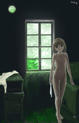 Rule 34 | 1girl, backlighting, barefoot, brown hair, unworn clothes, collarbone, completely nude, day, flat chest, full body, head tilt, highres, holding, indoors, leaf, long hair, looking at viewer, navel, nipples, no nose, no pussy, nude, original, roreru (rorerore-ya), signature, smile, solo, standing, table, window