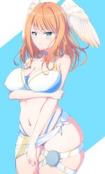 Rule 34 | 1girl, angel wings, arm under breasts, arms behind head, bikini, blue eyes, breast hold, breasts, brown hair, cleavage, curvy, eunie (xenoblade), highres, large breasts, legs, looking at viewer, navel, sarong, short hair, solo, swimsuit, thick thighs, thighs, thong bikini, wings, xenoblade chronicles (series), xenoblade chronicles 3