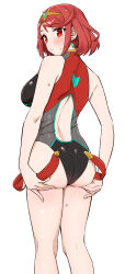 Rule 34 | 1girl, ass, ass support, back cutout, blush, breasts, clothing cutout, earrings, feet out of frame, highres, jewelry, large breasts, looking at viewer, looking back, one-piece swimsuit, pyra (pro swimmer) (xenoblade), pyra (xenoblade), red eyes, red hair, short hair, simple background, solo, sweat, swimsuit, takuji yuusaku, tiara, white background, xenoblade chronicles (series), xenoblade chronicles 2