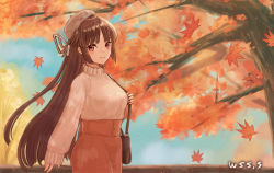 Rule 34 | 1girl, alternate costume, artist name, autumn leaves, bag, black hair, blush, closed mouth, commission, grey hat, hair ribbon, hat, hiyou (kancolle), kantai collection, leaf, long hair, long sleeves, looking at viewer, maple leaf, maple tree, red eyes, red skirt, ribbon, shoulder bag, skeb commission, skirt, smile, solo, sweater, tree, upper body, white ribbon, white sweater, wss (nicoseiga19993411)