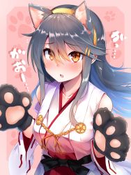 Rule 34 | 1girl, animal ears, animal hands, black hair, brown eyes, detached sleeves, gloves, hair ornament, hairband, hairclip, haruna (kancolle), headgear, highres, japanese clothes, kantai collection, long hair, looking at viewer, paw gloves, ribbon-trimmed sleeves, ribbon trim, solo, tsukui kachou, upper body, wolf ears