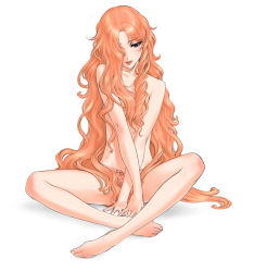 Rule 34 | 1boy, :p, bad id, bad pixiv id, barefoot, blue eyes, censored, convenient censoring, crossed arms, feet, full body, hair censor, hair over breasts, hair over one eye, highres, legs, long hair, male focus, maraich juschenfe, open fly, orange hair, patalliro!, sano toshihide, short shorts, shorts, simple background, sitting, solo, spread legs, tongue, tongue out, topless male, trap, unzipped, very long hair, wavy hair