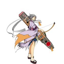 Rule 34 | 1girl, arrow (projectile), blood, blood on face, bow (weapon), cowinsky, full body, grey eyes, grey hair, japanese clothes, kaga (warship girls r), kimono, mouth hold, obi, official art, one eye closed, sash, short hair, solo, talisman, torn clothes, transparent background, warship girls r, weapon