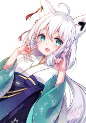 Rule 34 | 1girl, ahoge, animal ear fluff, animal ears, blue eyes, blue hakama, blush, cherry blossom print, commentary request, double fox shadow puppet, dutch angle, ear piercing, fang, floral print, fox ears, fox shadow puppet, hair between eyes, hakama, hakama skirt, hands up, highres, hololive, japanese clothes, kimono, long hair, long sleeves, looking at viewer, open mouth, piercing, sawa (sawasaku), shirakami fubuki, shirakami fubuki (new year), signature, silver hair, simple background, skirt, solo, star (symbol), very long hair, virtual youtuber, white background, white kimono, wide sleeves