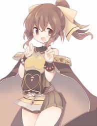 Rule 34 | 1girl, armor, bad id, bad pixiv id, bare shoulders, blush, bow, bracelet, breastplate, brown eyes, brown hair, cape, delthea (fire emblem), fang, fire emblem, fire emblem echoes: shadows of valentia, fire emblem heroes, jewelry, long hair, nintendo, ponytail, simple background, solo, teu (navy), thighs, white background