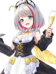 Rule 34 | 1girl, :d, alcohol, antennae, bee wings, breasts, champagne, champagne flute, colored inner hair, commentary, cup, detached collar, detached sleeves, drinking glass, frills, green eyes, grey hair, guchico, indie virtual youtuber, looking at viewer, maid, maid headdress, medium breasts, medium hair, mitsuzaki aya (character), multicolored hair, nail polish, open mouth, red hair, simple background, smile, solo, streaked hair, two-tone hair, virtual youtuber, white background, yellow nails