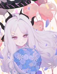 Rule 34 | 1girl, absurdres, ahoge, balloon, black halo, black horns, blue archive, blush, bouquet, demon horns, flower, forehead, grin, hair ornament, hairclip, halo, heart balloon, highres, hina (blue archive), holding, holding bouquet, horns, long hair, long sleeves, looking at viewer, parted bangs, purple eyes, purple flower, purple rose, rose, shirt, simple background, single hair intake, slit pupils, smile, solo, upper body, wavy hair, white background, white hair, white shirt, yagiusagi