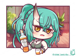 Rule 34 | 1girl, absurdres, arknights, bangle, bare shoulders, benizika, blush, bottle, bracelet, breasts, brown eyes, chibi, cleavage, cup, drink, drinking glass, green hair, hair between eyes, highres, holding, holding bottle, holding cup, horns, hoshiguma (arknights), jewelry, large breasts, looking at viewer, open mouth, plant, ponytail, potted plant, sigh, signature, single horn, solo, twitter username, upper body, wooden floor