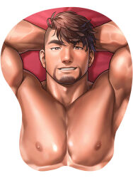 Rule 34 | 1boy, abs, arms behind head, atsushi kenzaki, bara, beard, biceps, brown eyes, brown hair, facial hair, gachimuchi de dosukebe na kateikyoushi no oniisan to sugosu natsu, highres, looking at viewer, male focus, merchandise available, mousepad (medium), muscular, muscular male, nipples, pectorals, second-party source, thick eyebrows, topless male, veins, veiny arms, wasp (anthyutena), white background