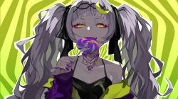 Rule 34 | 1girl, bare shoulders, black camisole, camisole, candy, collarbone, commentary request, crescent, crescent hair ornament, fangs, food, grey hair, hair ornament, half-closed eyes, hand up, highres, holding, holding candy, holding food, holding lollipop, hololive, jacket, lam (ramdayo), lollipop, long hair, looking at viewer, murasaki shion, nail polish, off shoulder, open clothes, open jacket, open mouth, orange eyes, purple jacket, purple nails, short eyebrows, solo, swirl lollipop, thick eyebrows, twintails, very long hair, virtual youtuber