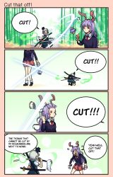 Rule 34 | 2girls, 4koma, = =, animal ears, ass, bag, bamboo, bamboo forest, black eyes, black hairband, black ribbon, black sweater, border, breasts, comic, commentary, cowboy shot, english commentary, english text, feet out of frame, food, forehead, forest, gradient background, green background, green skirt, green vest, gun, hair ribbon, hairband, hand up, handbag, head out of frame, highres, hitodama, holding, holding food, holding gun, holding sword, holding weapon, ice cream, katana, konpaku youmu, konpaku youmu (ghost), long hair, lunatic gun, miniskirt, multiple girls, nature, neck ribbon, necktie, open mouth, outdoors, pink border, pink skirt, puffy short sleeves, puffy sleeves, purple hair, rabbit ears, red eyes, red neckwear, reisen udongein inaba, ribbon, scabbard, sheath, sheathed, shirt, short hair, short sleeves, silver hair, skirt, skirt set, slashing, small breasts, speech bubble, standing, sweater, sword, thighs, touhou, trigger discipline, upper body, v-shaped eyebrows, vest, weapon, white shirt, wing collar, yoruny