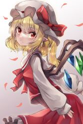 Rule 34 | 1girl, absurdres, adapted costume, blonde hair, breasts, collared shirt, cowboy shot, crystal, earrings, flandre scarlet, frilled skirt, frills, from side, gradient background, hat, hat ribbon, highres, jewelry, katsukare, long sleeves, looking at viewer, looking to the side, mob cap, multicolored wings, one side up, open mouth, pointy ears, puffy long sleeves, puffy sleeves, red eyes, red ribbon, red skirt, red vest, ribbon, ribbon-trimmed headwear, ribbon trim, shirt, simple background, skirt, skirt set, small breasts, solo, touhou, vest, white background, white hat, white shirt, wings