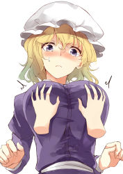 Rule 34 | 2girls, blonde hair, blush, breasts, commentary request, deetamu, disembodied hand, disembodied hand, from below, grabbing, grabbing another&#039;s breast, groping, hat, highres, large breasts, maribel hearn, mob cap, multiple girls, pov, pov hands, purple eyes, purple shirt, shirt, simple background, touhou, usami renko, yuri