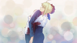 Rule 34 | 1boy, 1girl, ahoge, artoria pendragon (all), artoria pendragon (fate), blonde hair, blood, blood on clothes, blouse, blue pants, blue skirt, closed mouth, commentary request, emiya shirou, closed eyes, fate/stay night, fate (series), fateline alpha, from side, hug, leaning on person, long sleeves, pants, profile, red hair, saber (fate), shirt, sidelocks, skirt, standing, white shirt