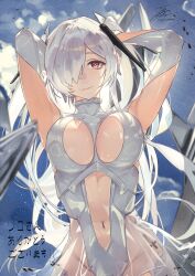 Rule 34 | 1girl, armpit cutout, arms behind head, arms up, bodysuit, breasts, cinderella (nikke), clothing cutout, fadingz, goddess of victory: nikke, hair over one eye, highres, large breasts, long bangs, long hair, navel, navel cutout, nudge, one eye covered, red eyes, see-through, see-through skirt, skirt, twintails, white bodysuit, white hair