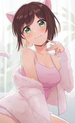 Rule 34 | 1girl, animal ears, bare shoulders, blush, breasts, brown hair, camisole, cat ears, cat tail, collarbone, curtains, extra ears, fur-trimmed jacket, fur trim, green eyes, highres, idolmaster, idolmaster cinderella girls, indoors, jacket, jacket partially removed, kurageso, looking at viewer, maekawa miku, medium breasts, nail polish, pink camisole, short hair, smile, solo, tail