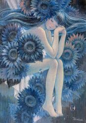 Rule 34 | 1girl, barefoot, black hair, closed eyes, commentary request, completely nude, floating hair, flower, full body, head rest, highres, long hair, nude, oil painting (medium), original, own hands together, painting (medium), ringodrawing, sitting, solo, sunflower, traditional media, water drop