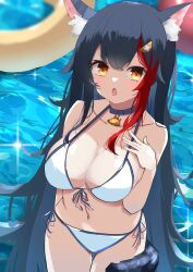 Rule 34 | 1girl, absurdres, animal ear fluff, animal ears, bikini, black collar, black hair, blonde hair, blush, breasts, cleavage, collar, front-tie bikini top, front-tie top, hair ornament, hairpin, hand on own chest, highres, hololive, innertube, large breasts, liyaku, long hair, looking at viewer, multicolored hair, navel, ookami mio, open mouth, red hair, side-tie bikini bottom, sidelocks, solo, streaked hair, swim ring, swimsuit, tail, tail around own leg, very long hair, virtual youtuber, wading, water, white bikini, wolf ears, wolf girl, wolf tail, yellow eyes