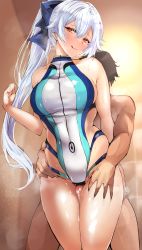 Rule 34 | 1boy, 1girl, absurdres, agetama, bad id, bad pixiv id, blue bow, blue one-piece swimsuit, bow, breasts, competition swimsuit, cum, cumdrip, fate/grand order, fate (series), grinding, hair between eyes, hair bow, hetero, highleg, highleg swimsuit, highres, large breasts, long hair, looking at viewer, one-piece swimsuit, penis, ponytail, red eyes, silver hair, swimsuit, thigh sex, thigh strap, thighs, tomoe gozen (fate), tomoe gozen (swimsuit saber) (fate), two-tone swimsuit, white one-piece swimsuit